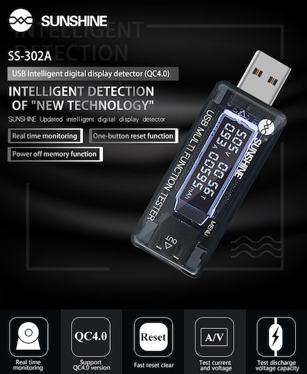 Sunshine USB Voltage & Current Meter SS-302A Tester για Service Κινητών