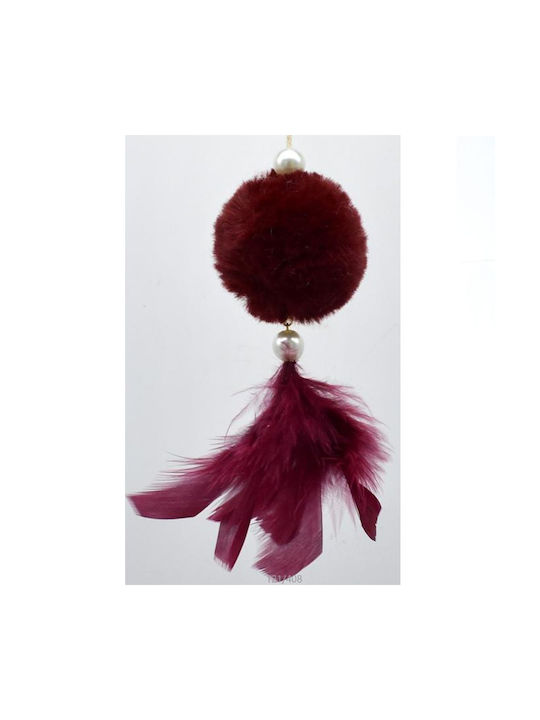 Hanging Ball Ornament Fabric Burgundy With Feathers