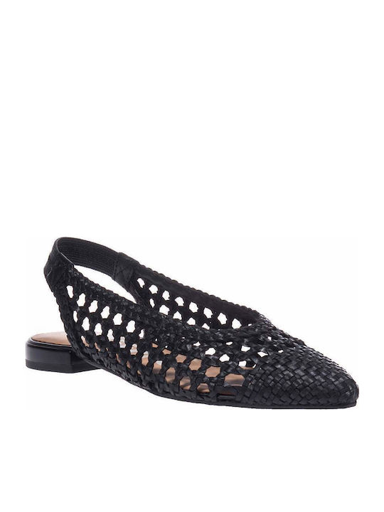 Δερμάτινες Γυναικείες Μπαλαρίνες Slingback με Λουράκι σε Μαύρο Χρώμα
