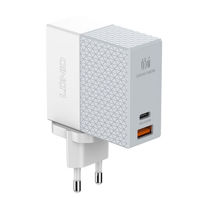 Ldnio Charger with USB-A Port and USB-C Port and Cable USB-C 65W Power Delivery / Quick Charge 3.0 Whites (A2620C)