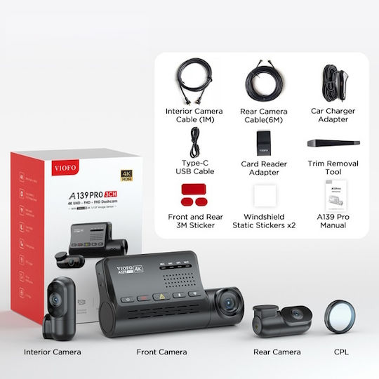 Viofo A139 Pro Set Autokamera DVR 4K mit Klebeband & Rückfahrkamera 3CH Triple-Auto-Kamera 4K HDR mit GPS und 5GHZ WI-FI