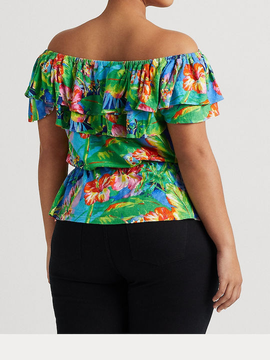 Ralph Lauren Women's Summer Blouse Off-Shoulder Short Sleeve Green