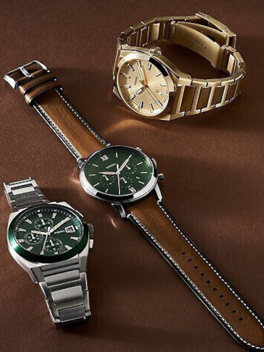 Fossil Neutra Ανδρικό Ρολόι 44mm Χρονογράφος Μπαταρίας με Καφέ Δερμάτινο Λουράκι