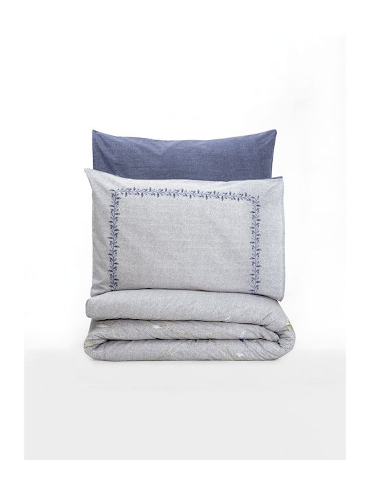 Madi Blom Set Coverlet Queen Size Cotton Grey / Blue 220x240cm 3pcs