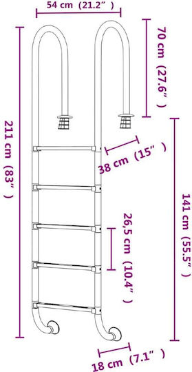 vidaXL Pool Ladder Stainless Steel 54x38x211cm Silver