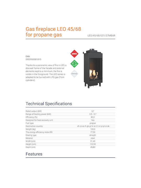 Kratki Leo 45 68 G31 37 Mbar Ενεργειακό Τζάκι Αερίου 5.7kW Ίσιο με Σταθερή Πόρτα Kratki Leo 45 68 G31 37 Mbar Ενεργειακό Τζάκι Αερίου 5.7kW Ίσιο με Σταθερή Πόρτα