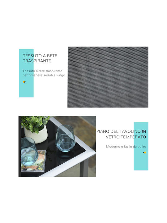 Șezlong Aluminiu cu Țesătură Textilene Neagră cu Măsuță 3buc 169x59x66cm.