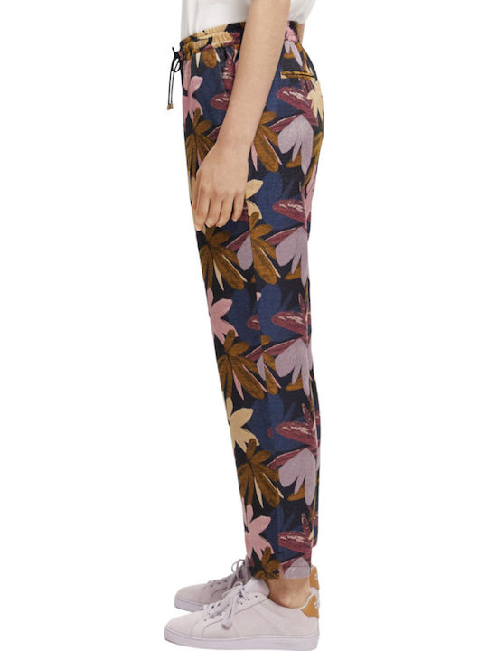 Damen Stoff Hose mit Gummizug in Normaler Passform Blumen Rosa