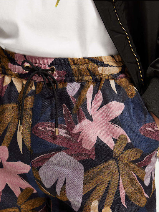 Damen Stoff Hose mit Gummizug in Normaler Passform Blumen Rosa