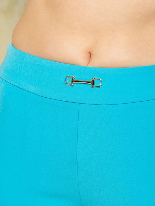 Women's High-waisted Fabric Capri Trousers with Elastic Regular Fit Azure