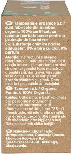 O.B. Organic Tampons 100% Organic Cotton Tampons for Normal Flow 16pcs