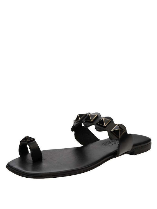 Baroque Leather Women's Flat Sandals in Black Color