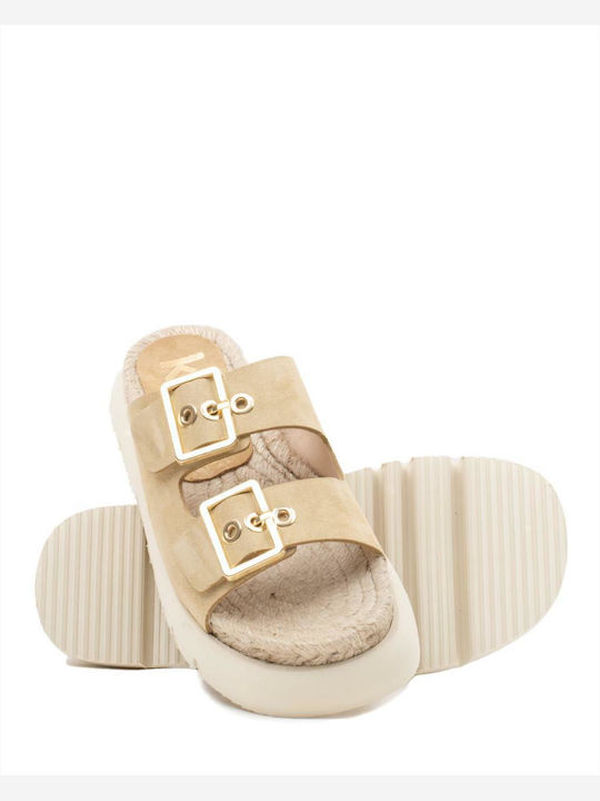 Leather Women's Flat Sandals in Beige Color