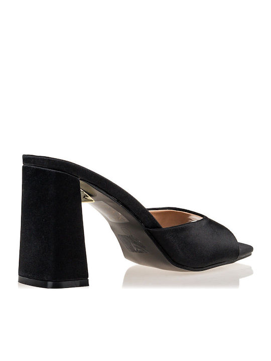 Satin Mules with Chunky High Heel in Black Color