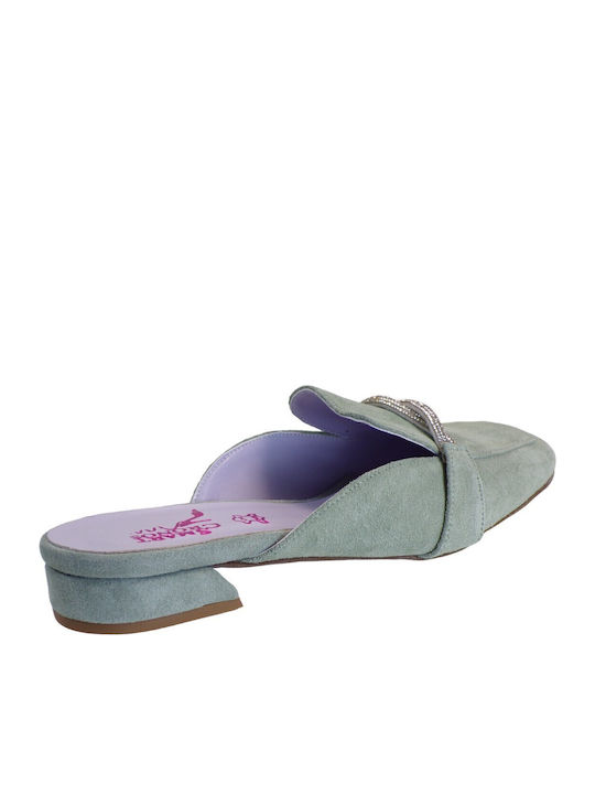 Flat Leather Mules in Turquoise Color
