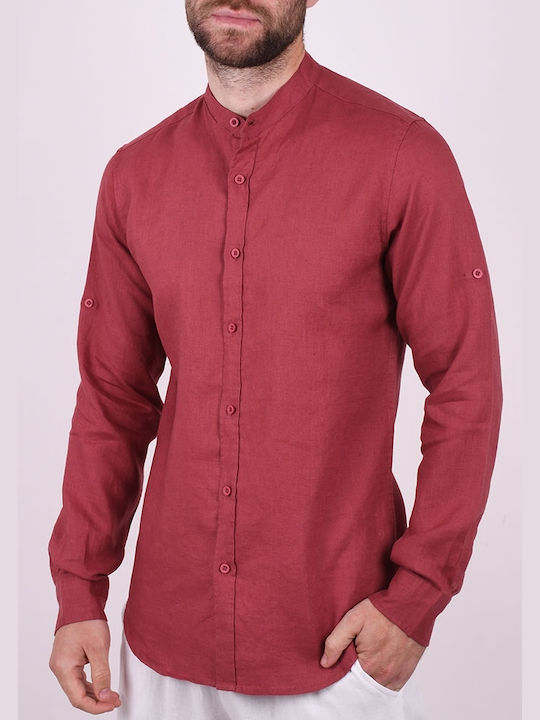 Shirt Mao Long Sleeved Linen Bordeaux Bordeaux