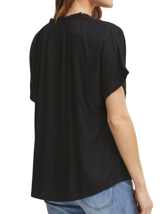 Fransa Women's Summer Blouse Short Sleeve with V Neckline Black