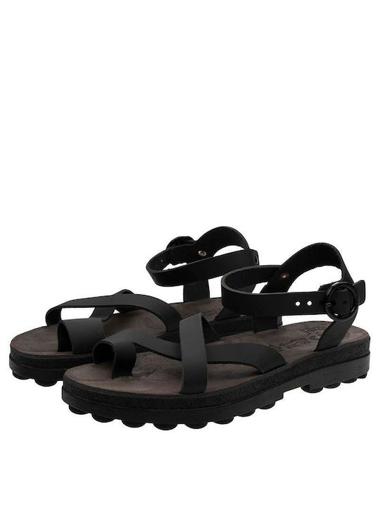 Leather Women's Flat Sandals with Strap in Black Color