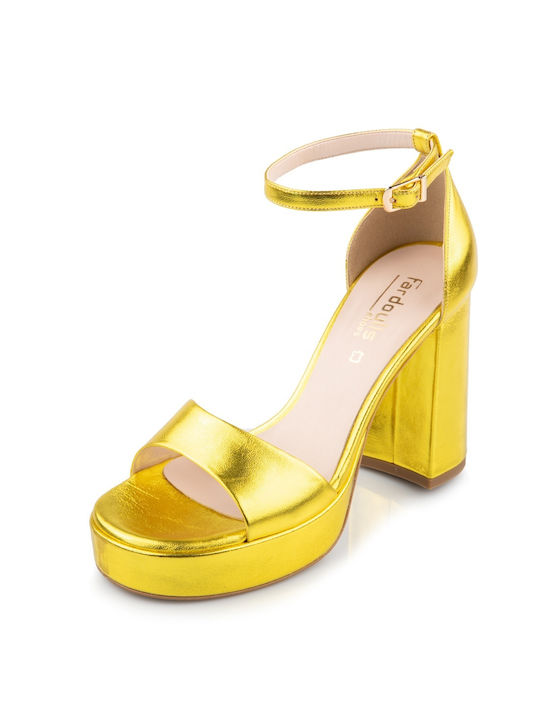Fardoulis Platform Leather Women's Sandals with Ankle Strap Yellow with Chunky High Heel