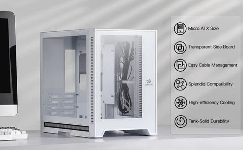 Redragon MC211 Геймърско бюро Мини кула Компютърна кутия със страничен прозорец и RGB осветление Бял
