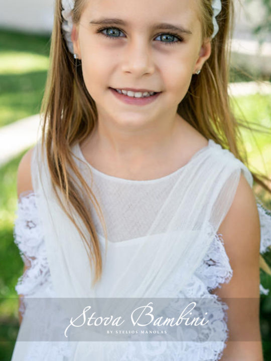 Stova Bambini Λευκό Βαπτιστικό Σετ Ρούχων με Φόρεμα & Αξεσουάρ Μαλλιών από Δαντέλα 2τμχ