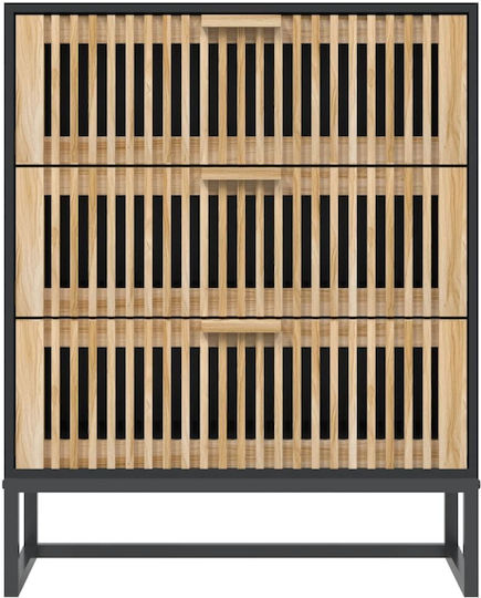 Wooden & Metallic Chest of Drawers with 3 Drawers 60x30x75cm