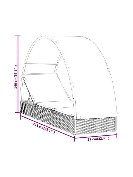 Liegestuhl-Bett Einzel Rattan mit Kissen & Sonnenschirm Schwarz 211x57x140cm.