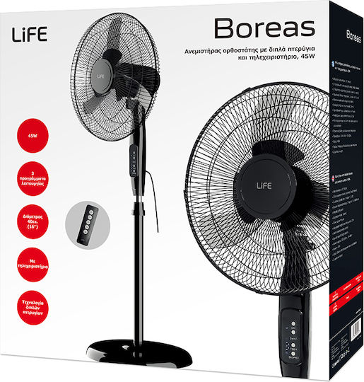 Life Boreas Ανεμιστήρας Ορθοστάτης 45W Διαμέτρου 40cm με Τηλεχειριστήριο Μαύρος