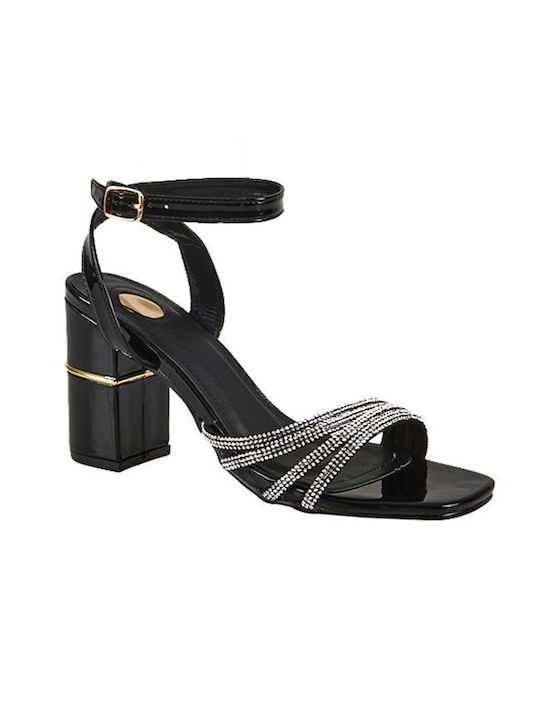 Elenross Women's Sandals with Strass Black with Chunky High Heel