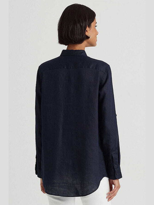 Ralph Lauren Women's Linen Monochrome Long Sleeve Shirt Navy Blue