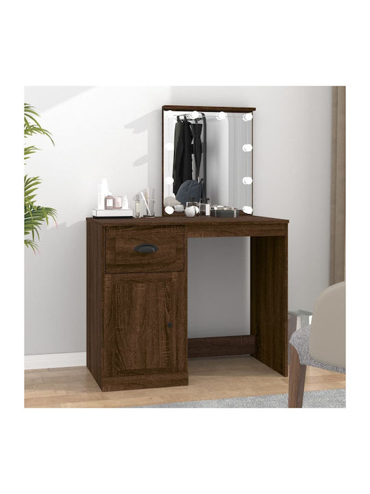 Wooden Makeup Dressing Table Brown Oak with Mirror & Artificial Leather Coating 90x50x132.5cm