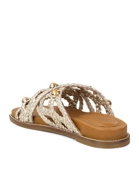 Leather Women's Flat Sandals in Gold Color