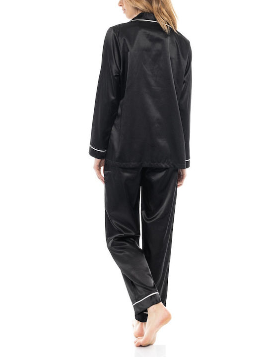 Pink Label Winter Damen Pyjama-Set Satin Schwarz