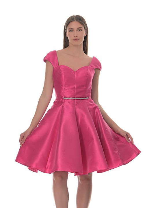 S57170 Short fuchsia taffeta dress with rhinestone belt.