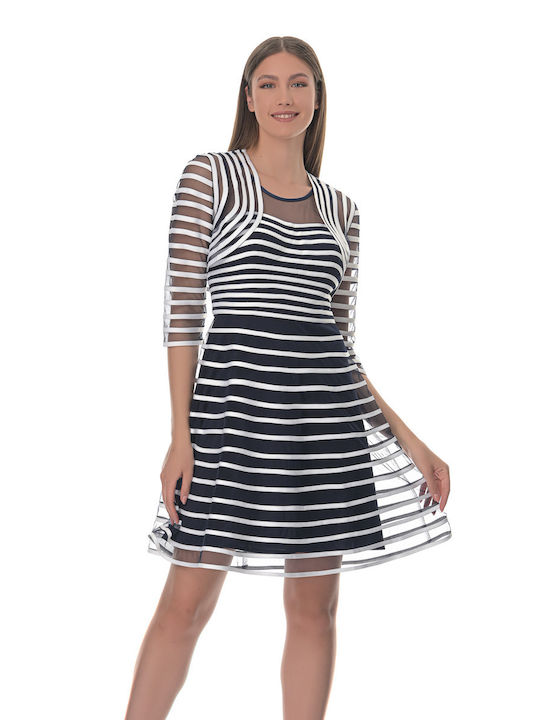 Short blue dress with white satin stripes.