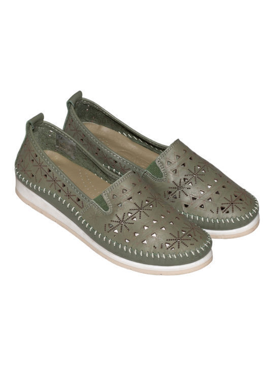 Leather Women's Moccasins in Khaki Color