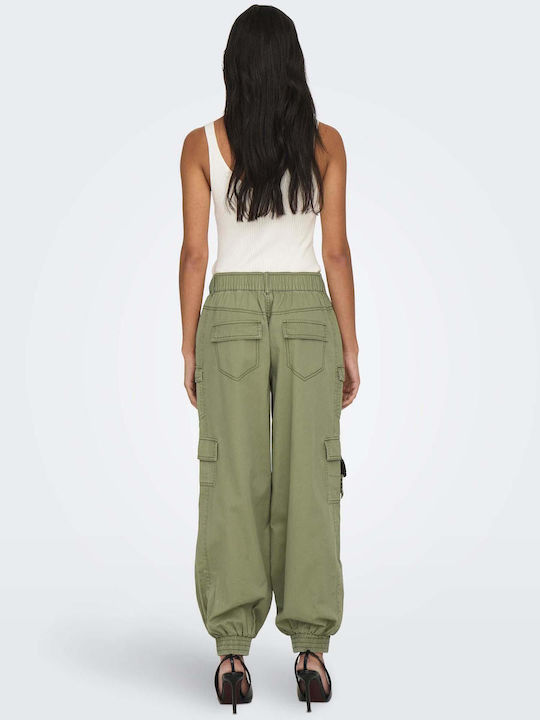 Only Women's High Waist Fabric Cargo Trousers with Elastic Green