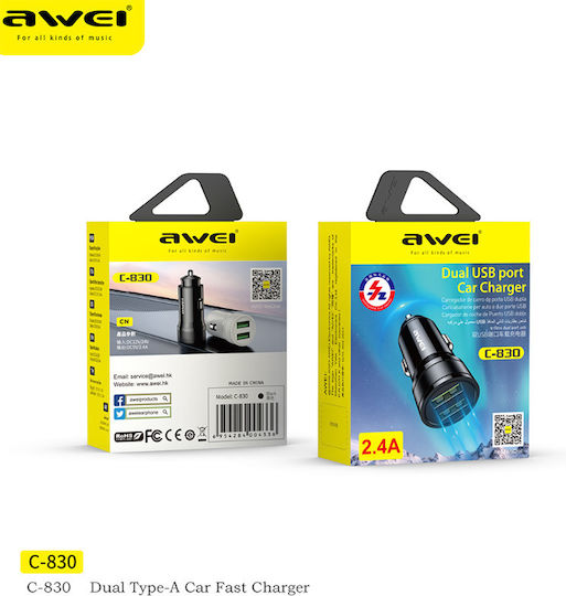 Awei C-830 Încărcător Auto 2.4A cu Porturi: 2xUSB Negru Culoare