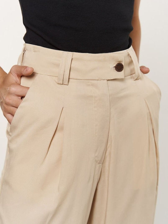 Jelinda Damen Hochbund Stoff Capri Hose Beige