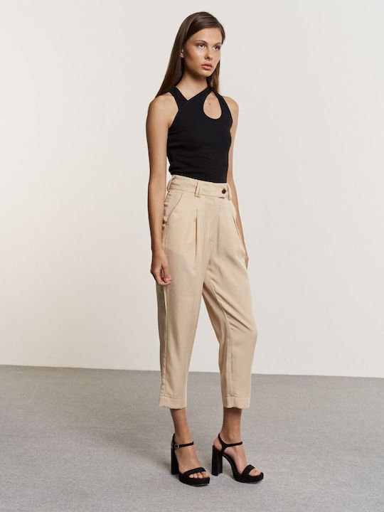 Jelinda Damen Hochbund Stoff Capri Hose Beige