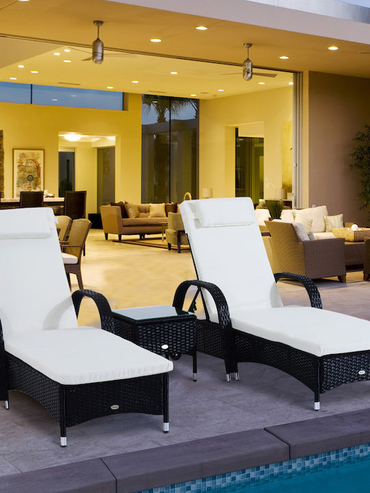 Șezlong-Pat Single Rattan Cu Pernă Negru Set Cu Masă 2 Buc 200x73x103 cm