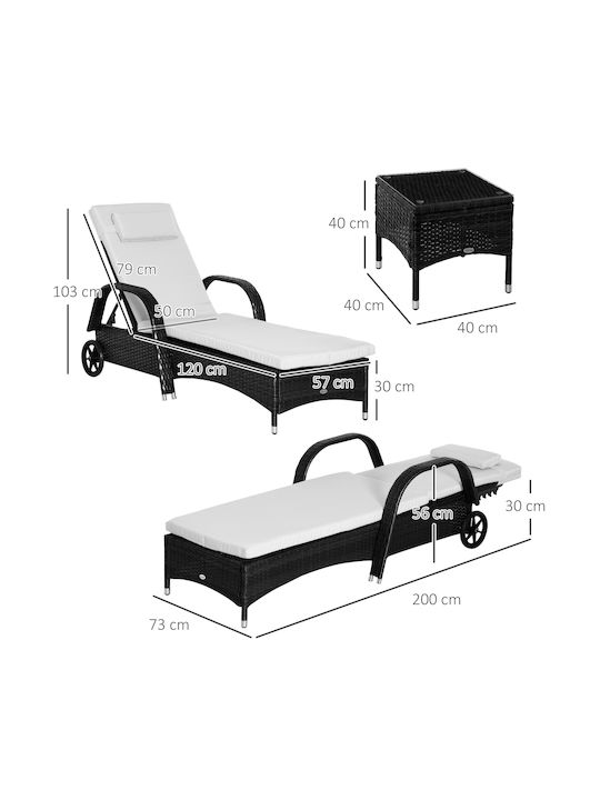 Șezlong-Pat Single Rattan Cu Pernă Negru Set Cu Masă 2 Buc 200x73x103 cm