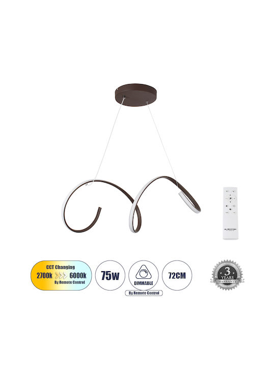GloboStar Spirale Κρεμαστό Φωτιστικό Καφέ LED με Ρυθμιζόμενο Λευκό Φως 72x25x30εκ.