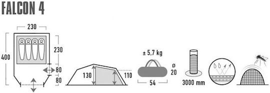 High Peak Falcon 4 Σκηνή Camping Τούνελ Ορειβασίας Πράσινη με Διπλό Πανί 4 Εποχών για 4 Άτομα Αδιάβροχη 3000mm 400x230x110εκ.