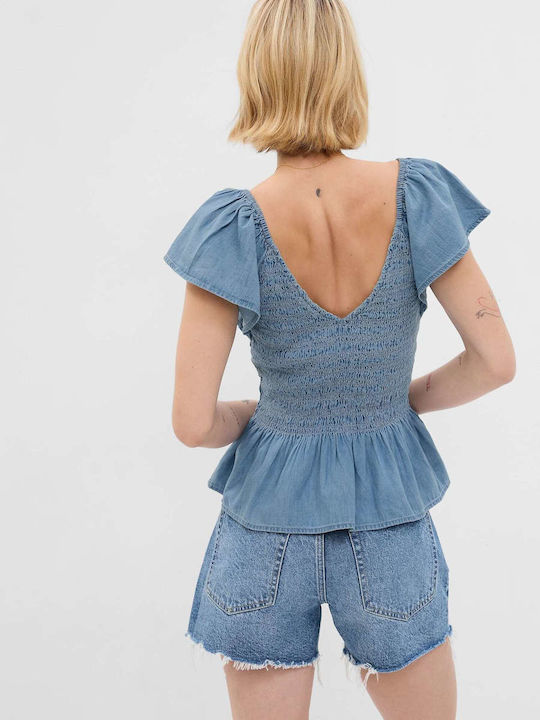 GAP Damen Sommer Bluse Baumwolle Kurzärmelig Blau