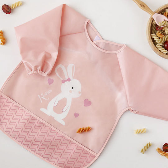 Kiokids Lovely Bunny Αδιάβροχη Ποδιά Σιλικόνης με Αυτοκόλλητο με Τσέπη & Μανίκια Ροζ για 4 m+
