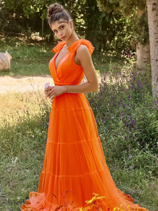 Φόρεμα Bellona τούλινο maxi με ρομαντική διάθεση για Γάμο / Βάπτιση Skylar 57386 Πορτοκαλί
