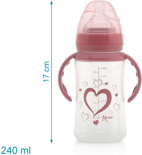 Kiokids Hearts Εκπαιδευτικό Μπιμπερό Πλαστικό με Λαβές Ροζ 4m+ 240ml