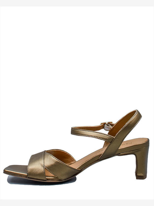 Paola Ferri Leather Women's Sandals Gold with Chunky Medium Heel