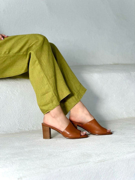 Leather Mules with Chunky High Heel in Tabac Brown Color